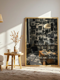 Image-Music-Text watercolour print in frame leaning in hallway – philosophy wall art