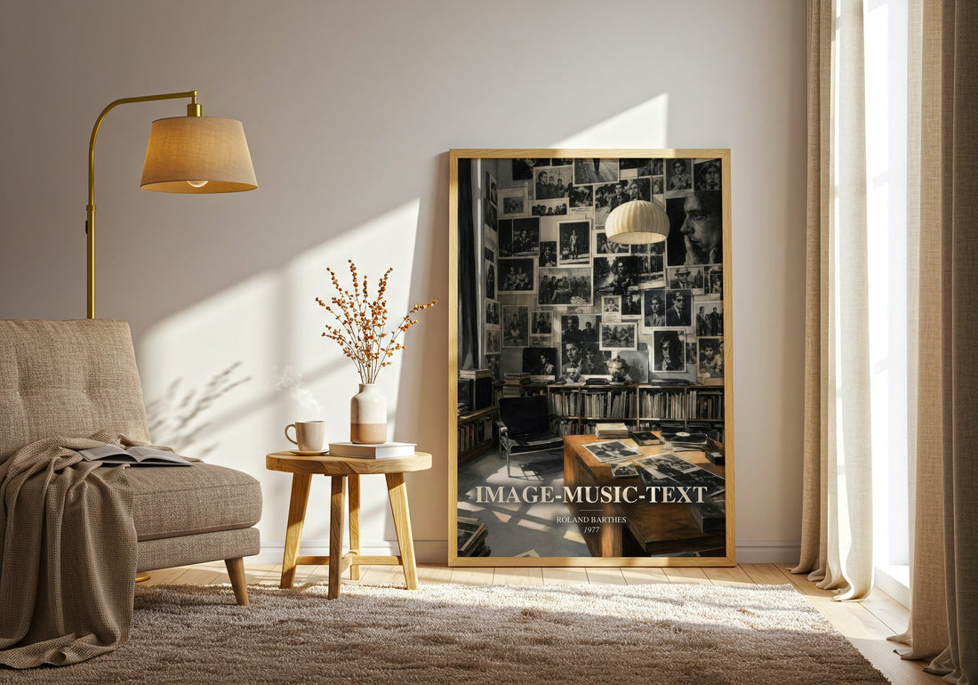 Image-Music-Text watercolour print in frame leaning in hallway – philosophy wall art