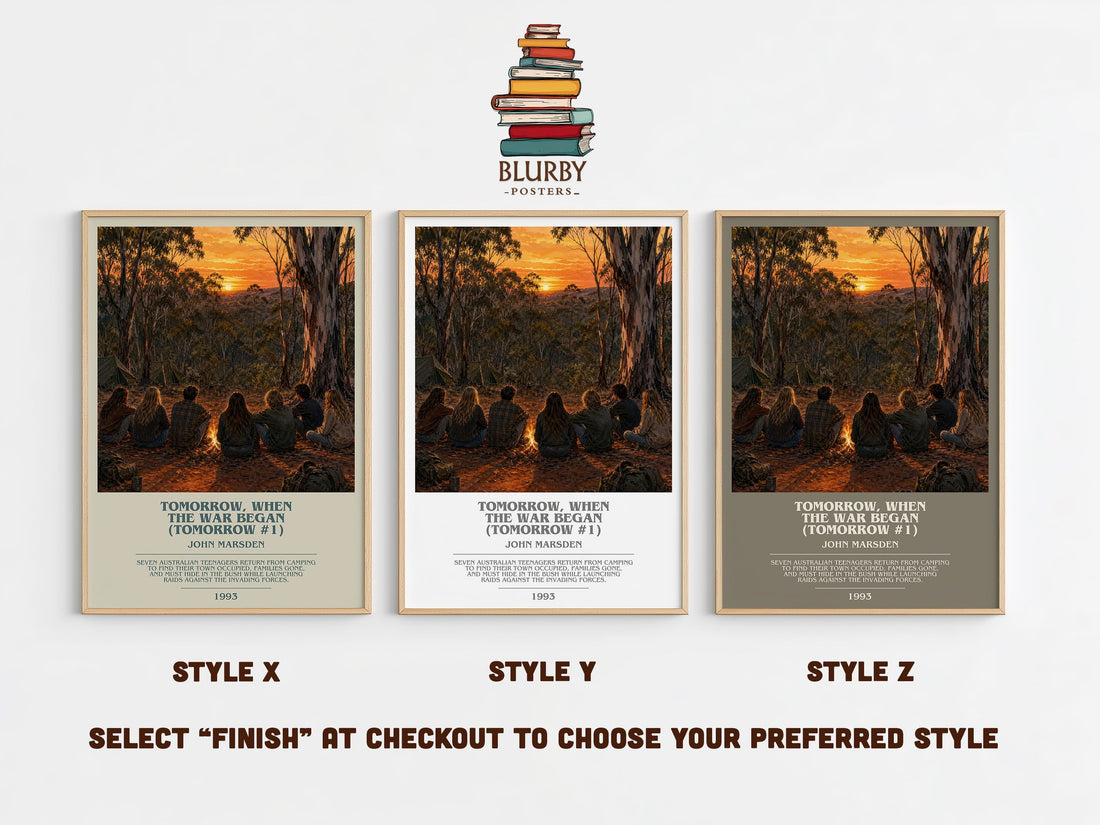 Tomorrow, when the war began (Tomorrow #1) bookish print in frame leaning in hallway – young adult wall art (mockup)