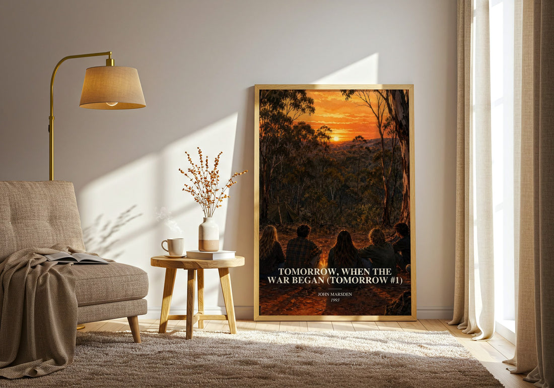 Tomorrow, when the war began (Tomorrow #1) watercolour print in frame leaning in hallway – young adult wall art