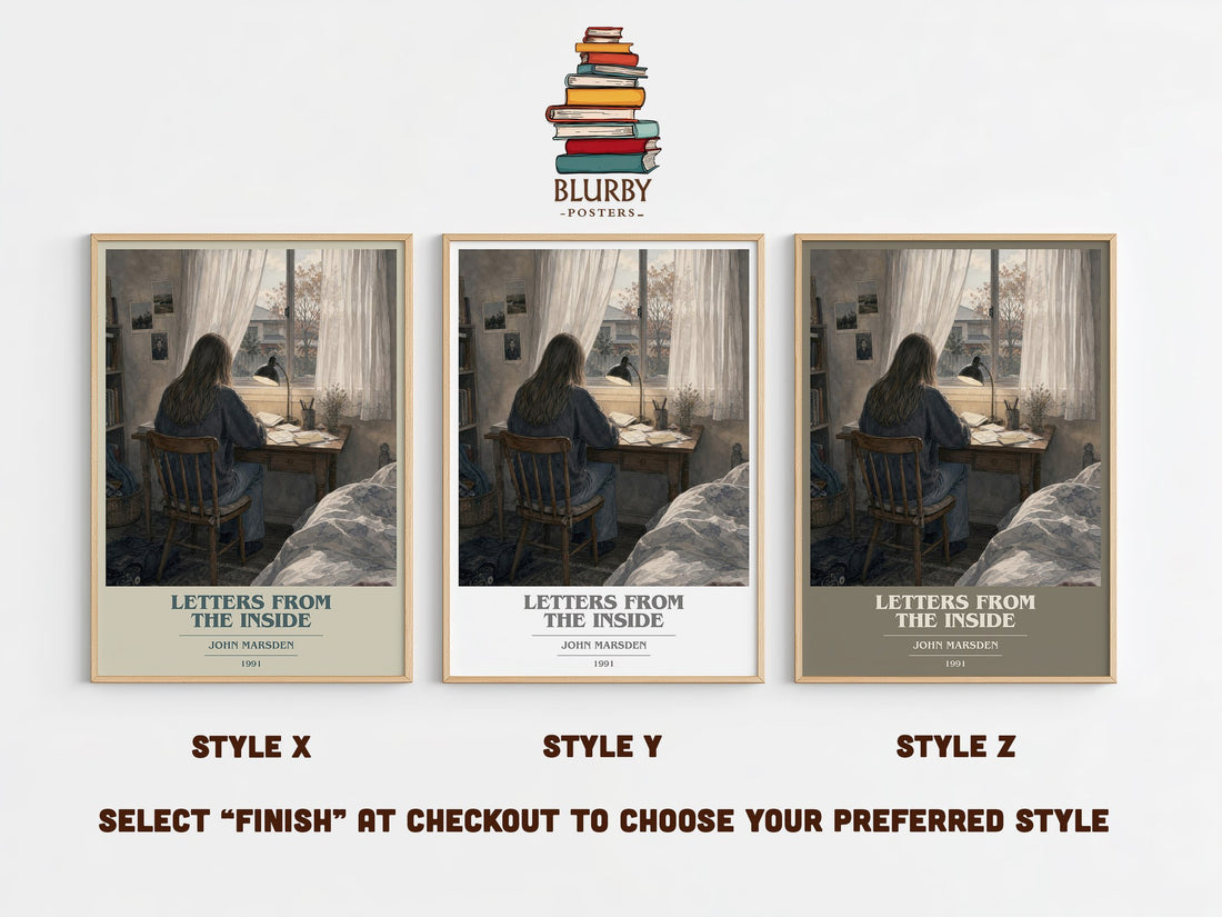 Letters from the inside book cover print in frame leaning in hallway – young adult wall art (mockup)