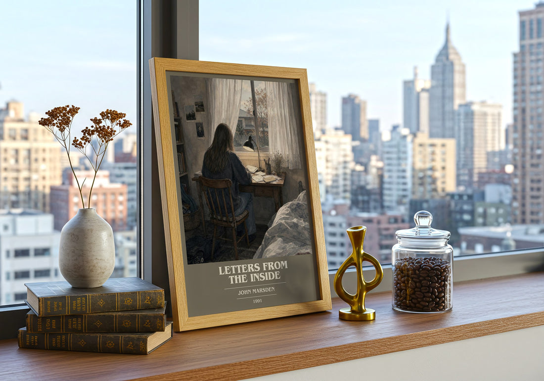 Letters from the inside book cover print framed by window – literary home decor