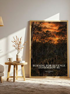 Burning for revenge (Tomorrow #5) watercolour print in frame leaning in hallway – young adult wall art