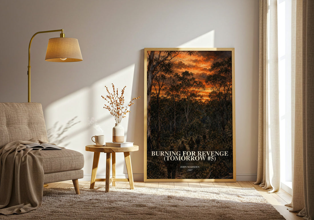 Burning for revenge (Tomorrow #5) watercolour print in frame leaning in hallway – young adult wall art