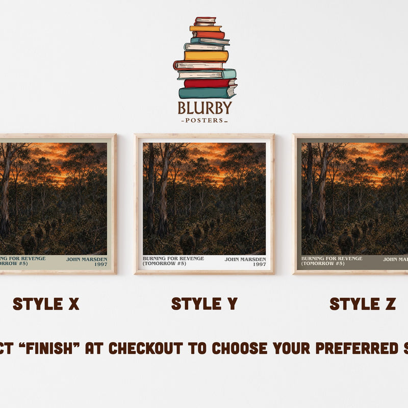 Burning for revenge (Tomorrow #5) literary print in frame leaning in hallway – young adult wall art