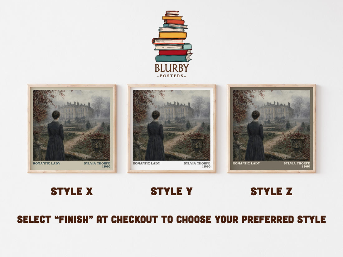 Romantic Lady literary print in frame leaning in hallway – romance wall art (mockup)