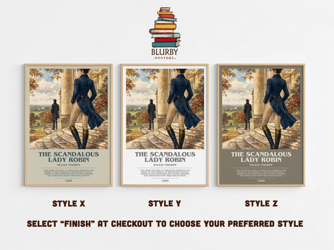 The Scandalous Lady Robin bookish print in frame leaning in hallway – romance wall art (mockup)