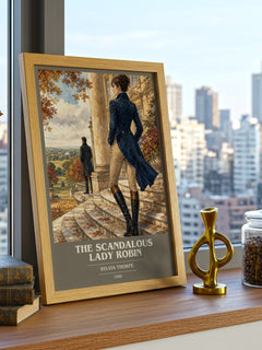 The Scandalous Lady Robin book cover print framed by window – literary home decor