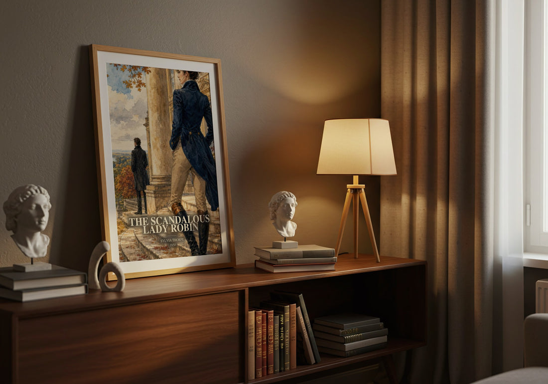 The Scandalous Lady Robin watercolour print on bookshelf – Sylvia Thorpe fan gift