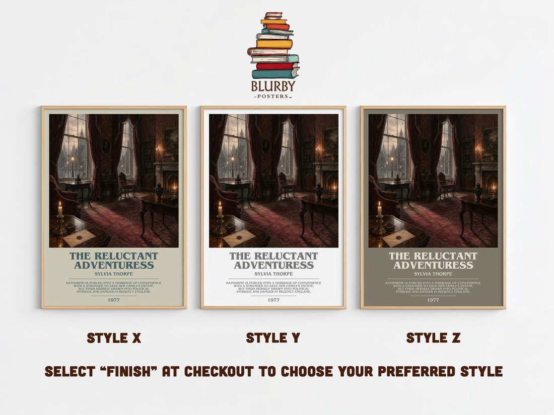 The Reluctant Adventuress bookish print in frame leaning in hallway – historical fiction wall art (mockup)