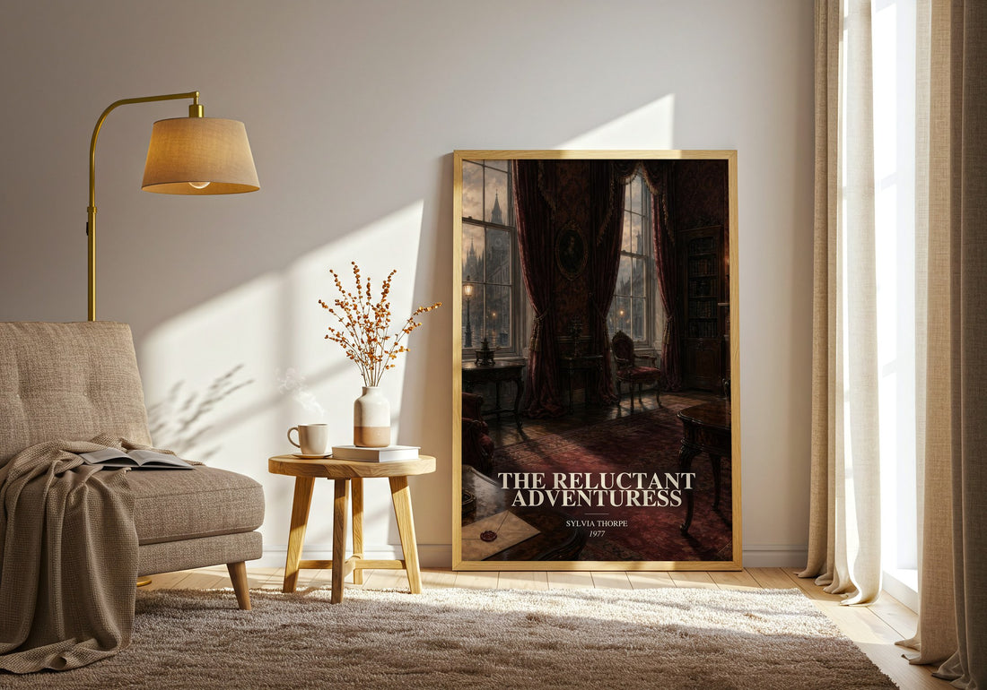 The Reluctant Adventuress watercolour print in frame leaning in hallway – historical fiction wall art