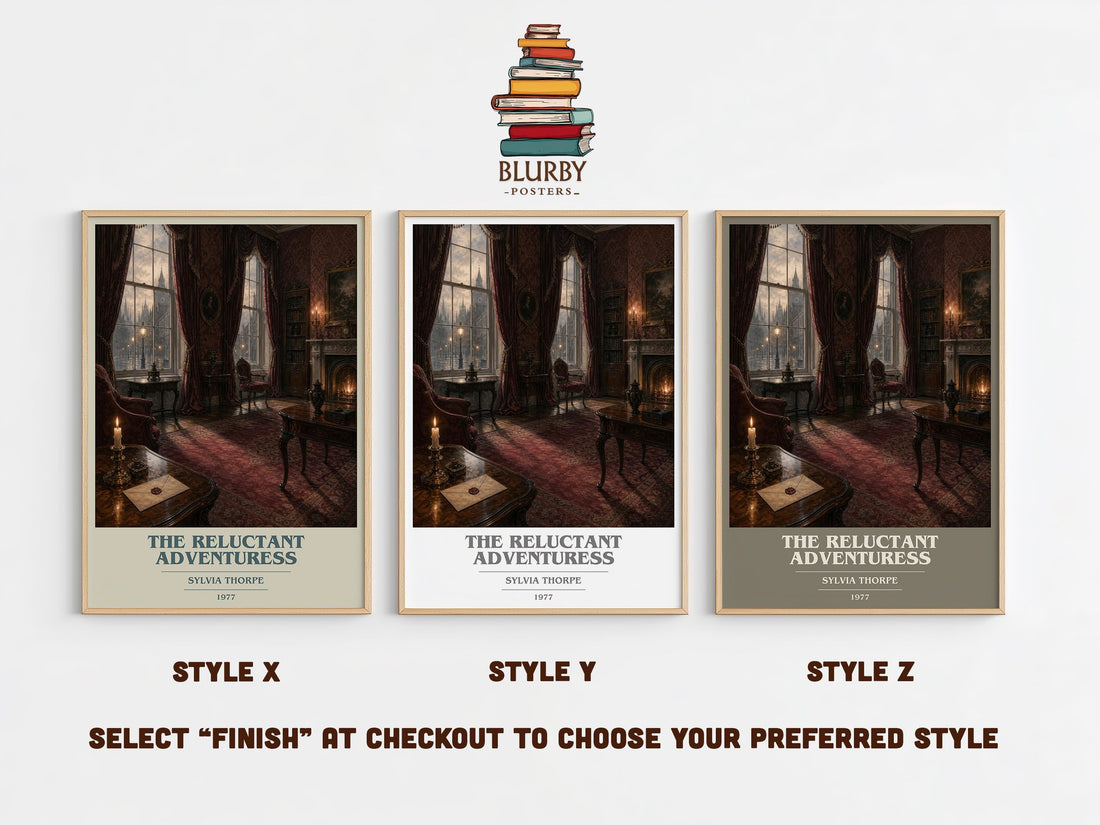 The Reluctant Adventuress book cover print in frame leaning in hallway – historical fiction wall art (mockup)