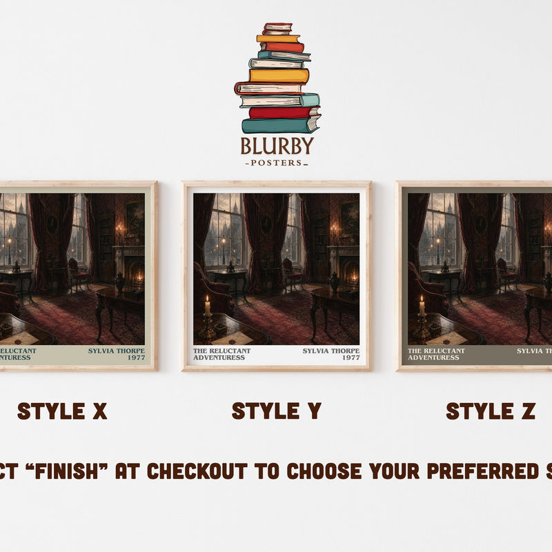 The Reluctant Adventuress literary print in frame leaning in hallway – historical fiction wall art