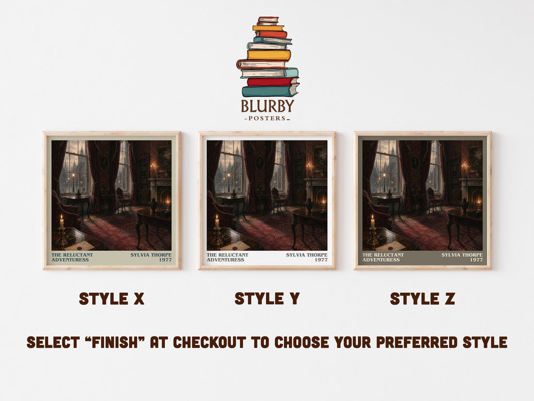 The Reluctant Adventuress literary print in frame leaning in hallway – historical fiction wall art (mockup)