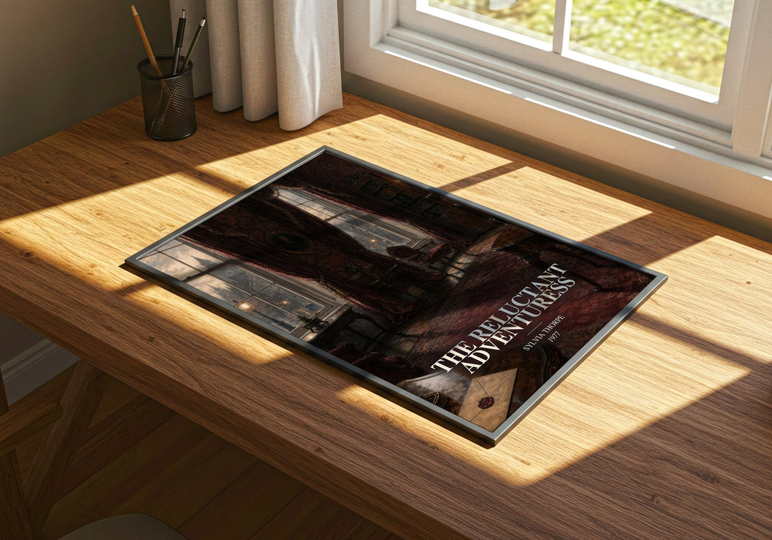 The Reluctant Adventuress watercolour book poster framed on wall – historical fiction wall art