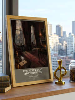 The Reluctant Adventuress book cover print framed by window – literary home decor