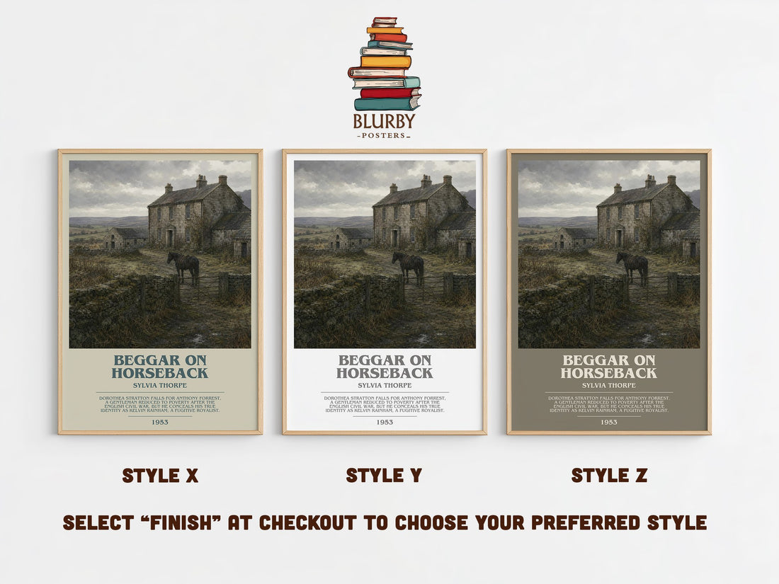 Beggar on Horseback bookish print in frame leaning in hallway – romance wall art (mockup)