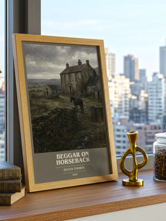 Beggar on Horseback book cover print framed by window – literary home decor