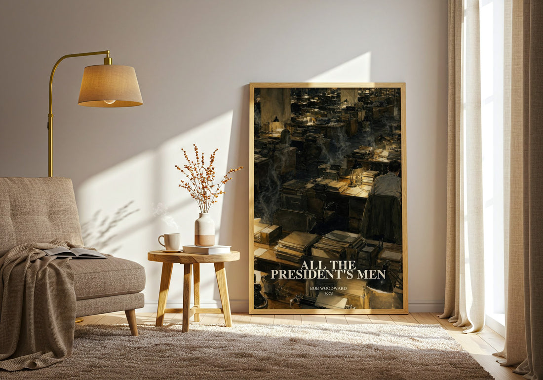 All the President's Men watercolour print in frame leaning in hallway – non fiction wall art