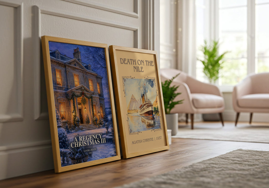 A Regency Christmas III watercolour print framed by window – literary home decor