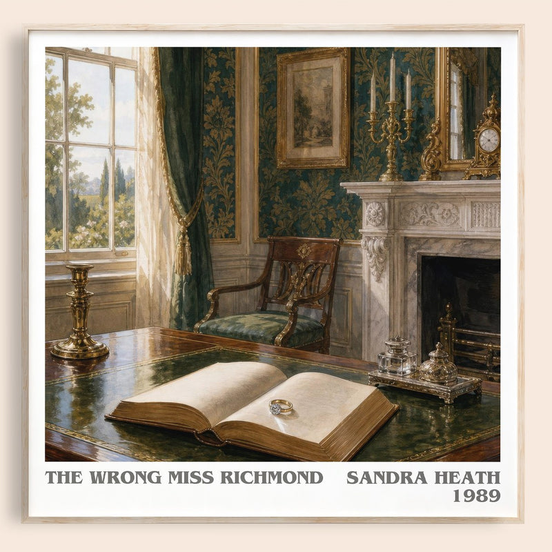 The Wrong Miss Richmond literary book poster by Sandra Heath – framed literary art print