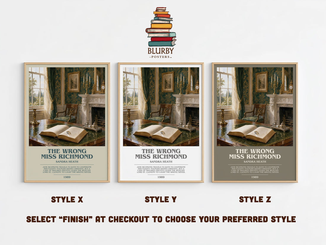 The Wrong Miss Richmond bookish print in frame leaning in hallway – romance wall art (mockup)