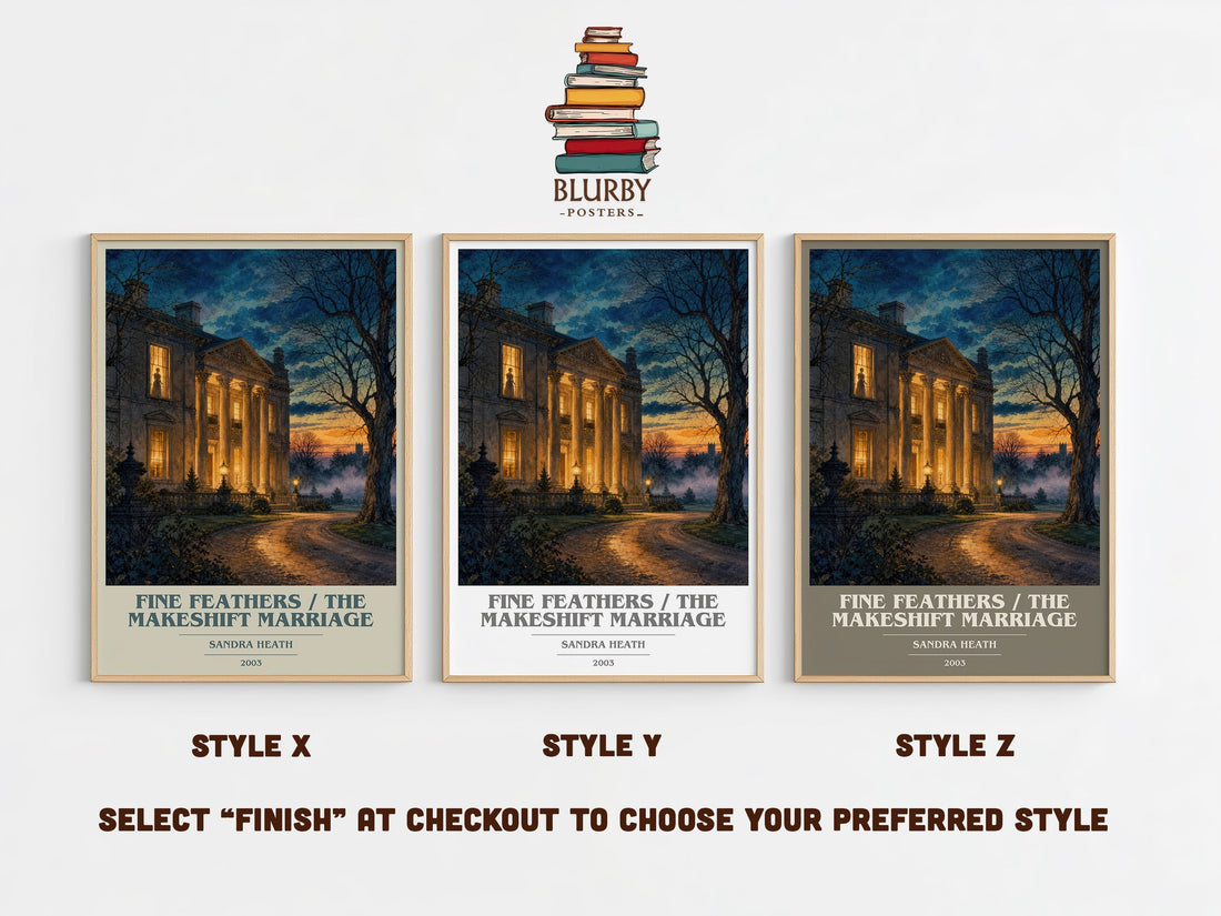Fine Feathers / The Makeshift Marriage book cover print in frame leaning in hallway – romance wall art (mockup)