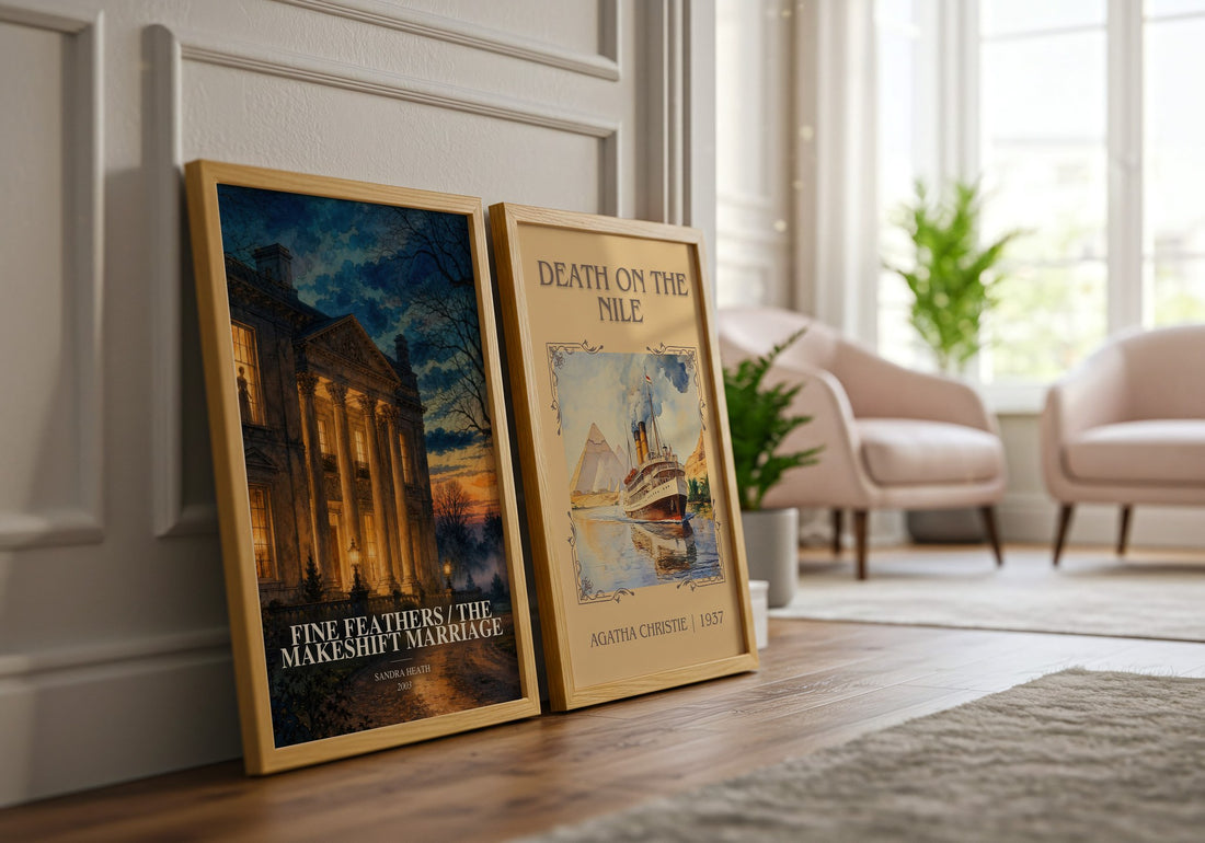 Fine Feathers / The Makeshift Marriage watercolour print framed by window – literary home decor