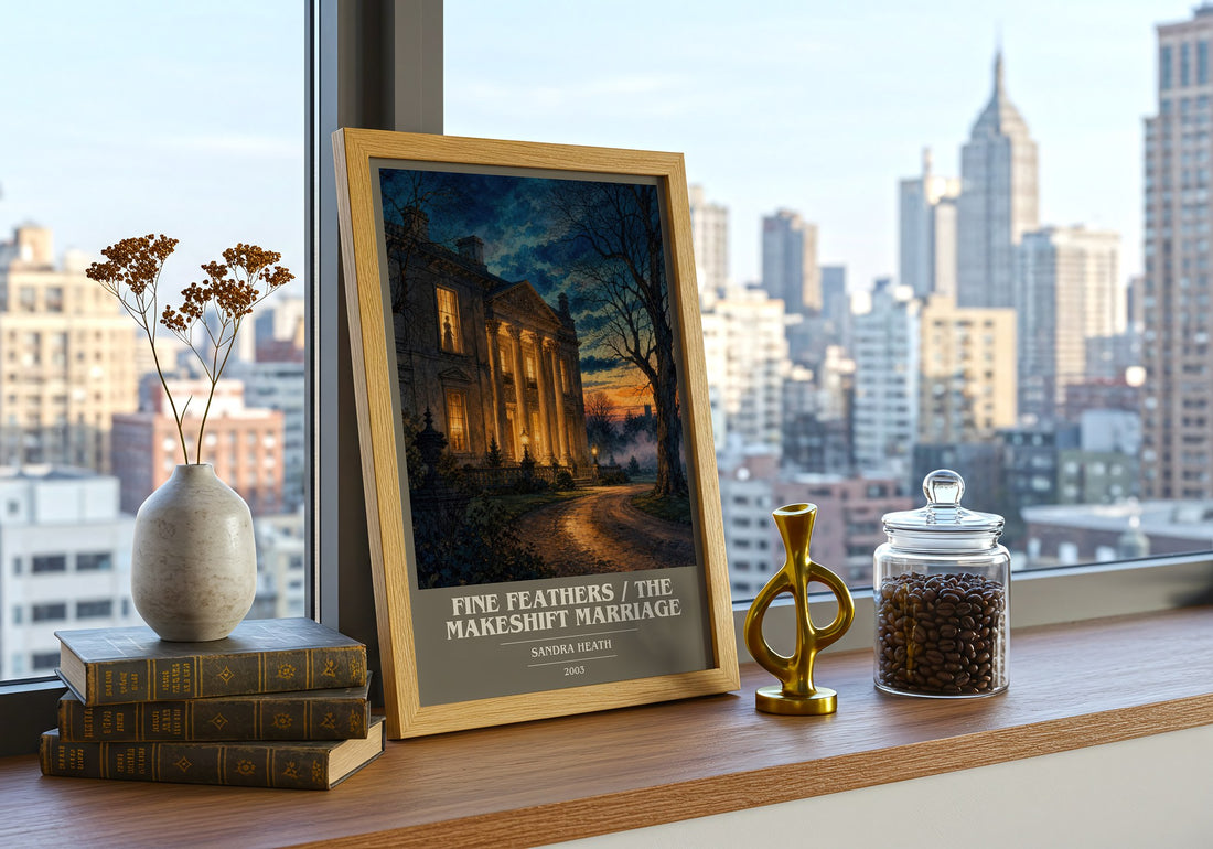 Fine Feathers / The Makeshift Marriage book cover print framed by window – literary home decor