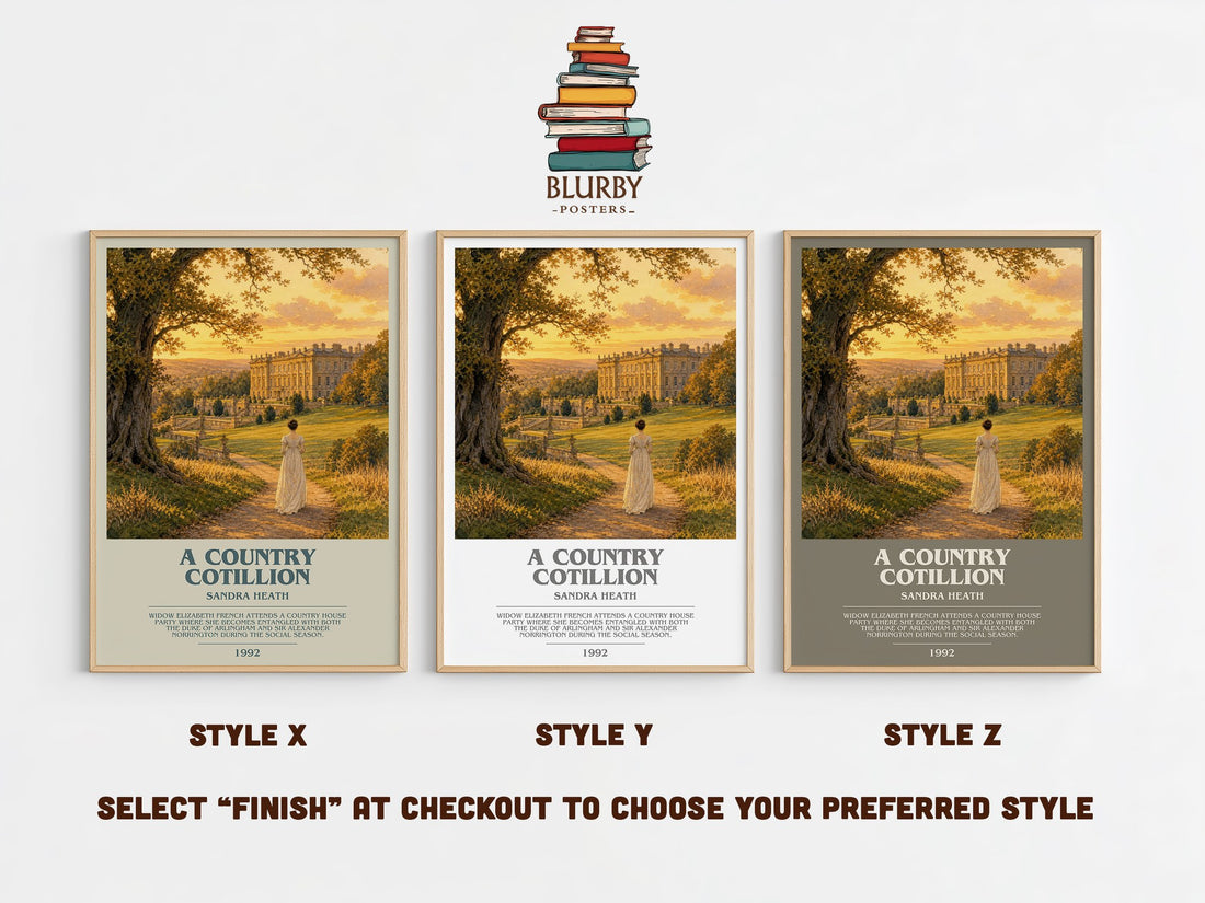 A Country Cotillion bookish print in frame leaning in hallway – romance wall art (mockup)