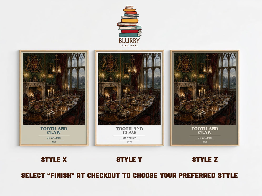 Tooth and Claw book cover print in frame leaning in hallway – fantasy wall art (mockup)