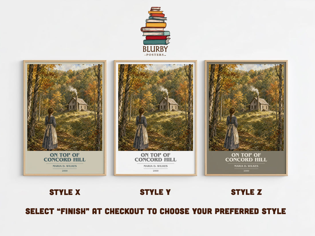 On top of Concord Hill book cover print in frame leaning in hallway – childrens wall art (mockup)