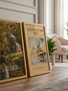 On top of Concord Hill watercolour print framed by window – literary home decor