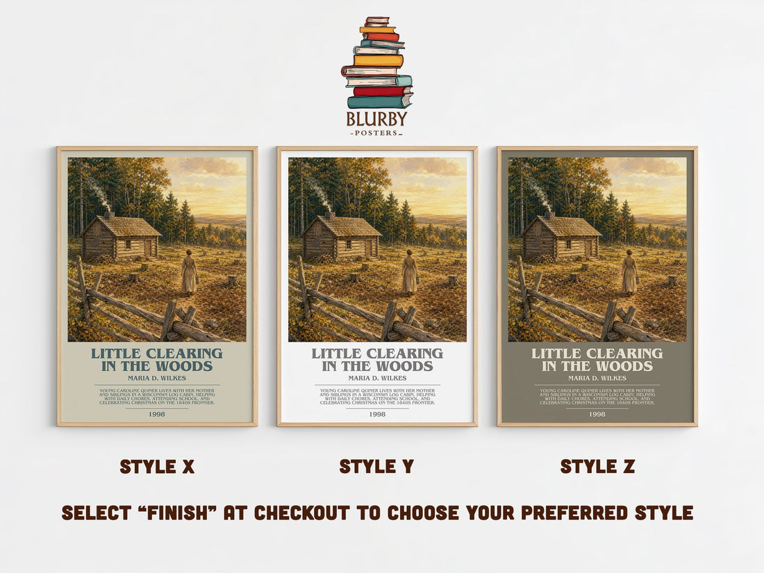 Little Clearing in the Woods bookish print in frame leaning in hallway – childrens wall art (mockup)