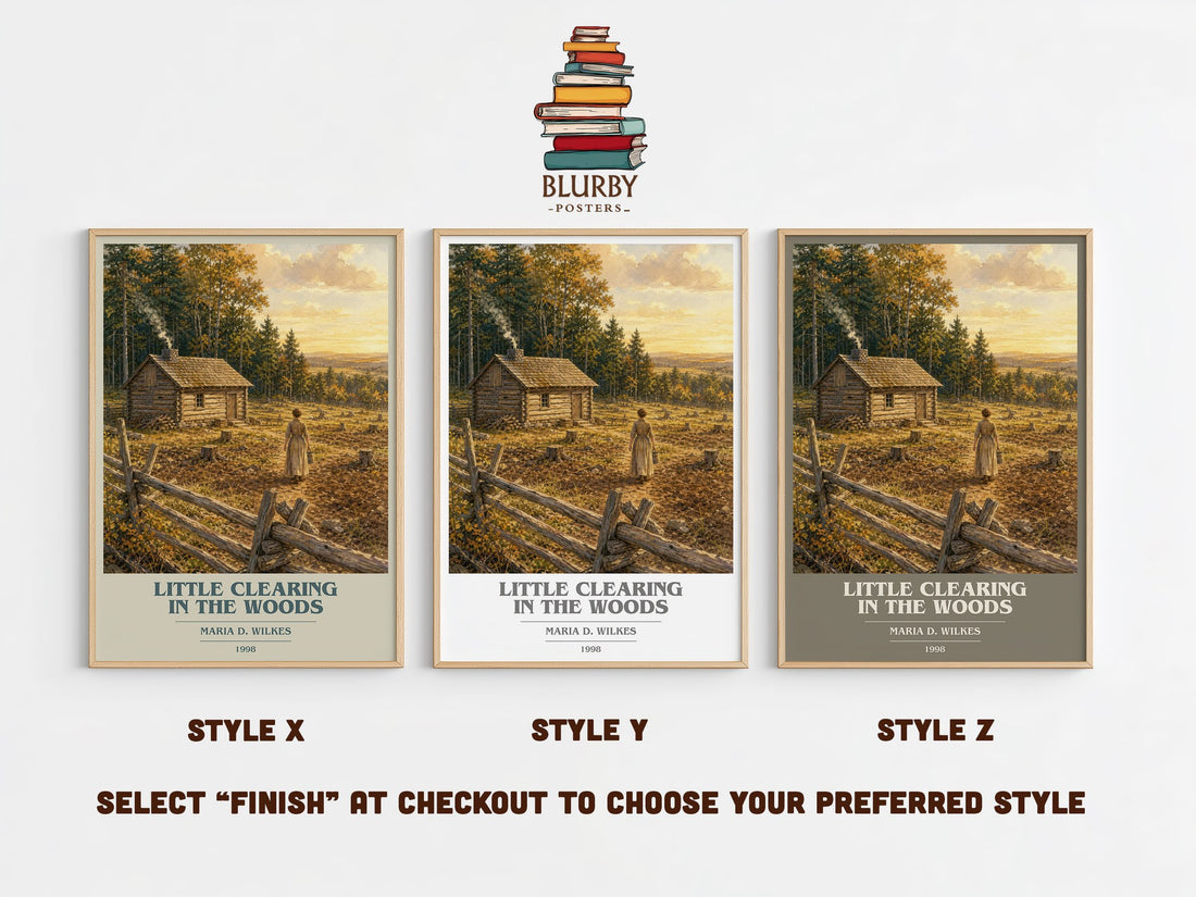 Little Clearing in the Woods book cover print in frame leaning in hallway – childrens wall art (mockup)