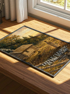 Little Clearing in the Woods watercolour book poster framed on wall – childrens wall art