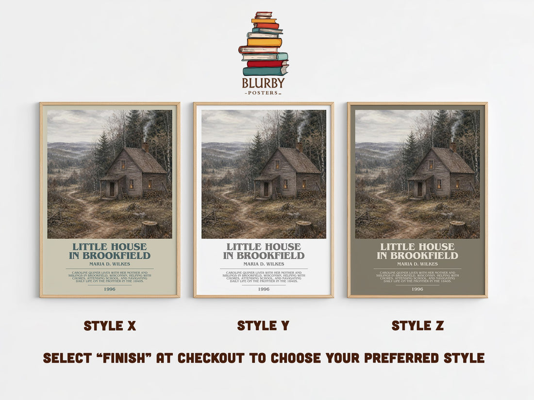 Little house in Brookfield bookish print in frame leaning in hallway – childrens wall art (mockup)
