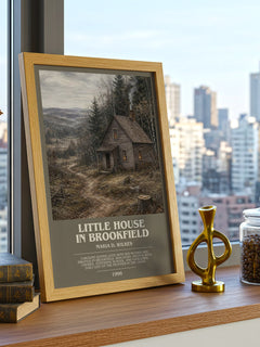 Little house in Brookfield bookish print framed by window – literary home decor