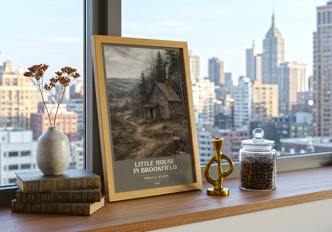 Little house in Brookfield book cover print framed by window – literary home decor