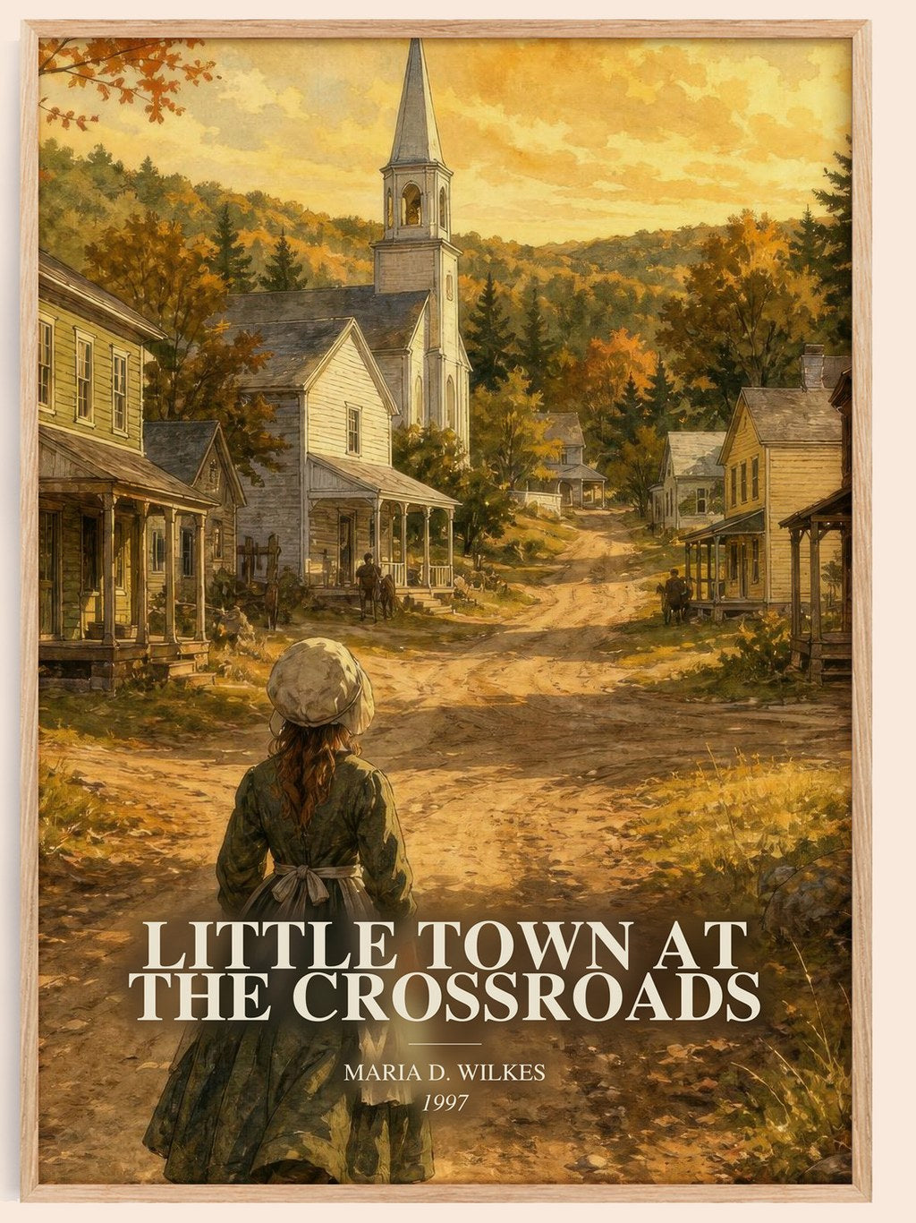 Little Town at the Crossroads watercolour book poster by Maria D. Wilkes – framed literary art print