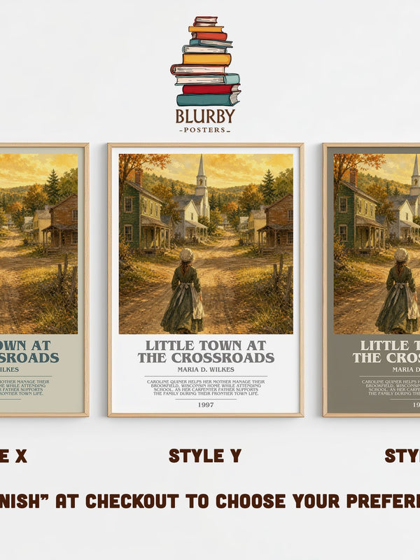 Little Town at the Crossroads bookish print in frame leaning in hallway – childrens wall art