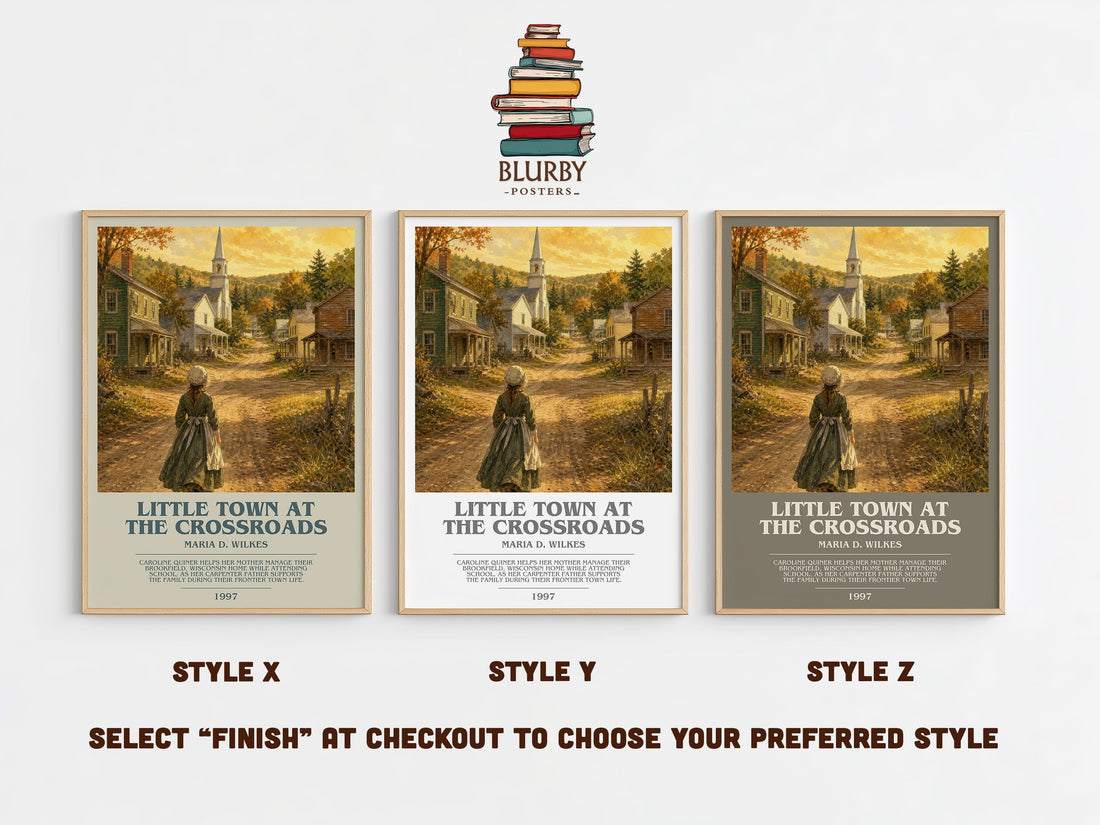 Little Town at the Crossroads bookish print in frame leaning in hallway – childrens wall art (mockup)