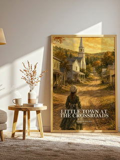 Little Town at the Crossroads watercolour print in frame leaning in hallway – childrens wall art