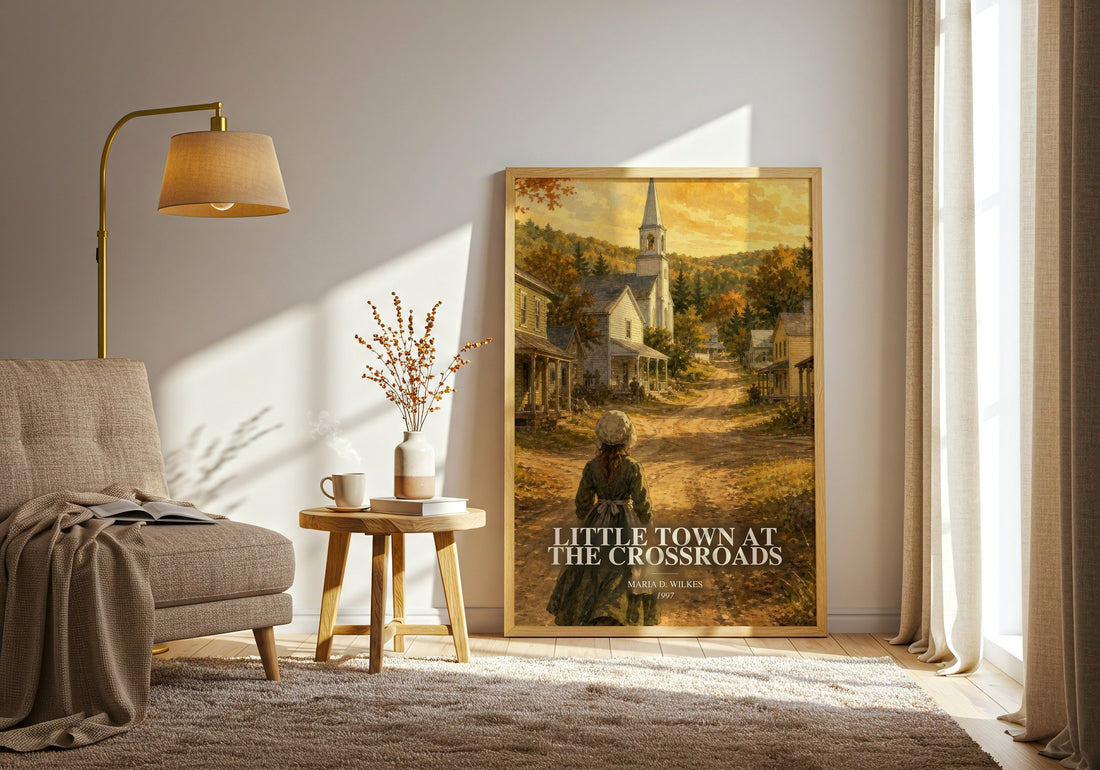 Little Town at the Crossroads watercolour print in frame leaning in hallway – childrens wall art