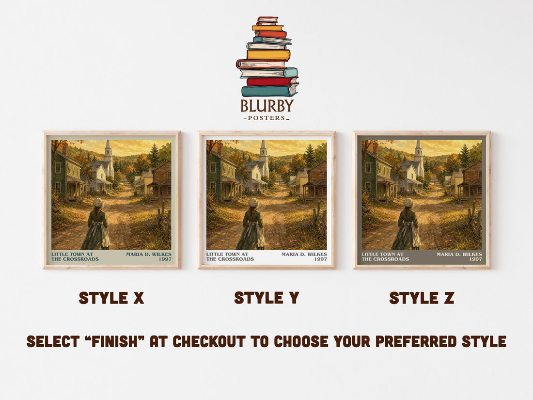 Little Town at the Crossroads literary print in frame leaning in hallway – childrens wall art (mockup)