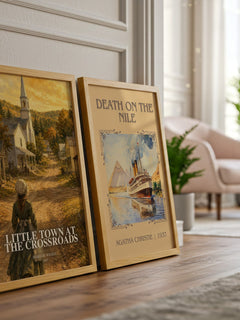 Little Town at the Crossroads watercolour print framed by window – literary home decor