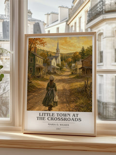 Little Town at the Crossroads Book Cover Poster by Maria D. Wilkes – framed print by a bright window