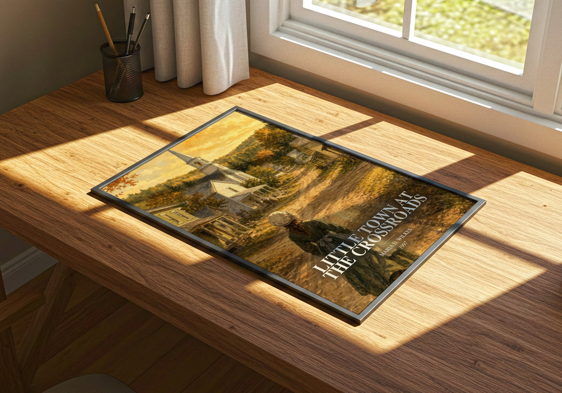 Little Town at the Crossroads watercolour book poster framed on wall – childrens wall art