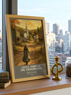 Little Town at the Crossroads Book Cover Poster by Maria D. Wilkes – framed print on a city-view windowsill