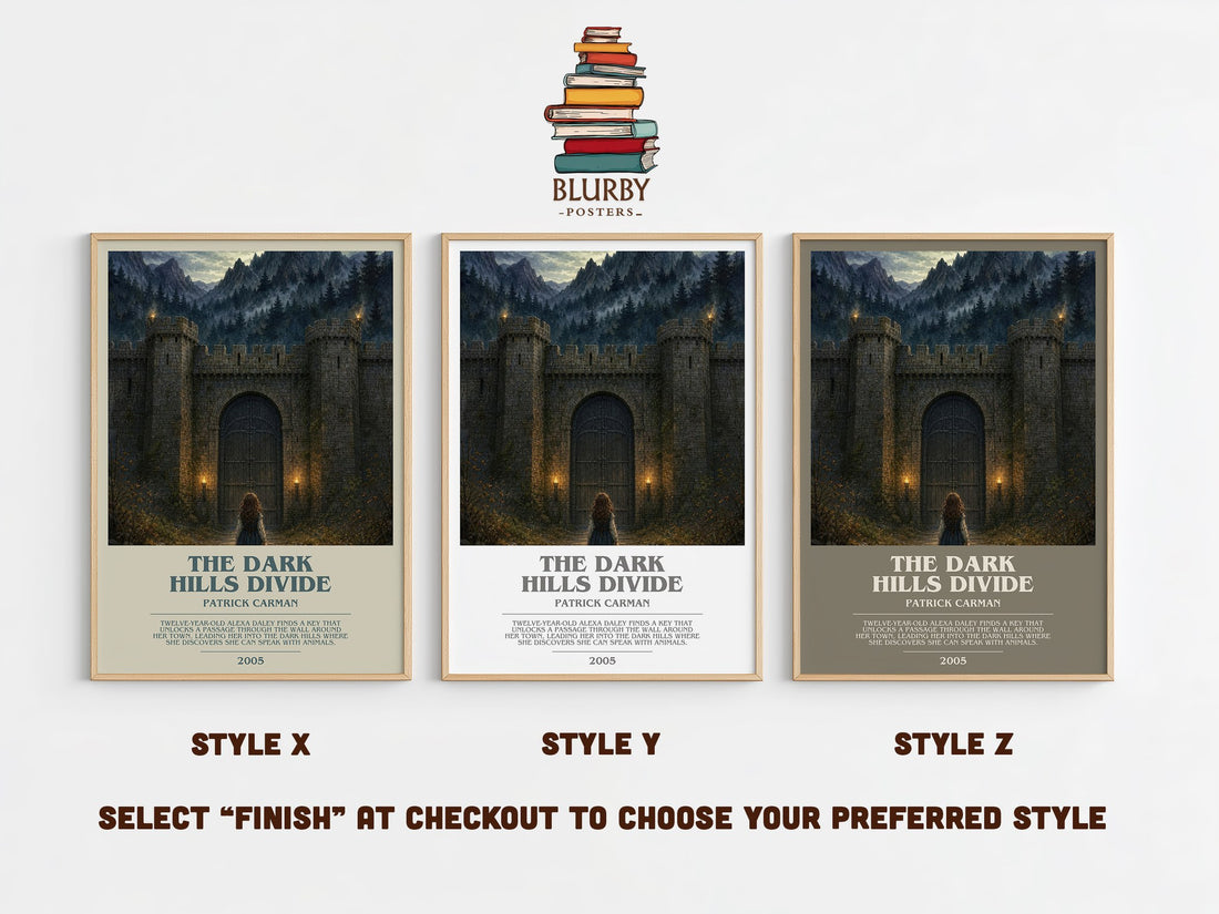 The Dark Hills divide bookish print in frame leaning in hallway – fantasy wall art (mockup)